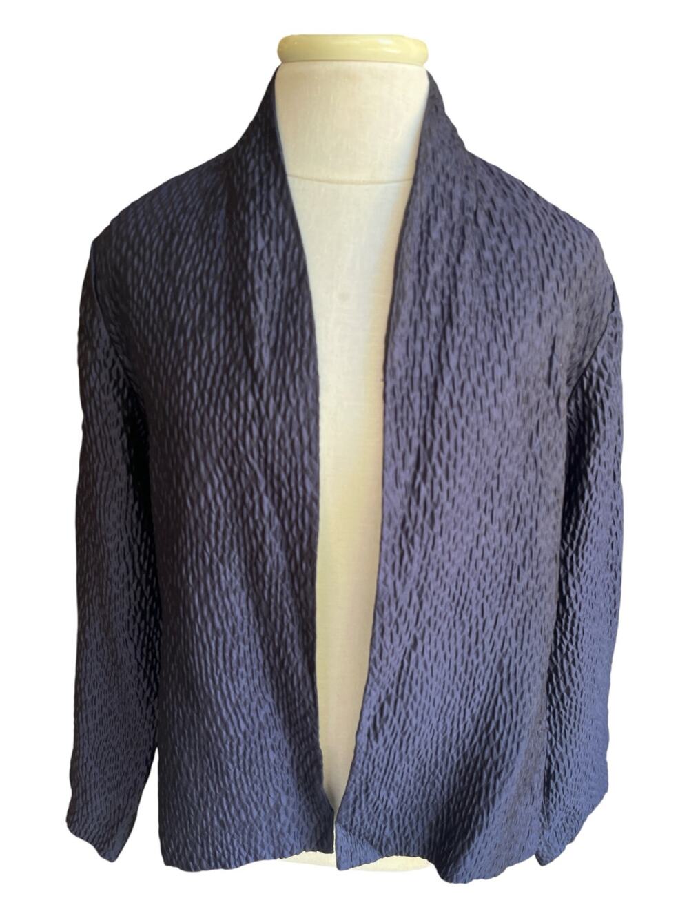 Eileen Fisher Silk Ripple Bindu Jacket-MED-Navy Blue-Open Front-1172